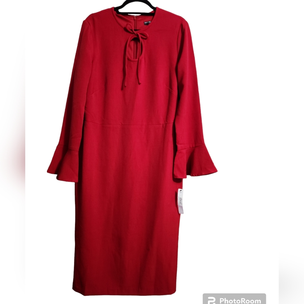 Maggy London red tie neck bell sleeve fit and flare plus dress 16 new